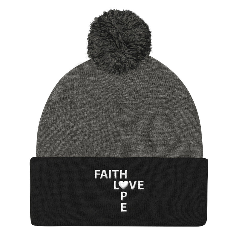 Faith Love and Hope Pom Pom Knit Cap