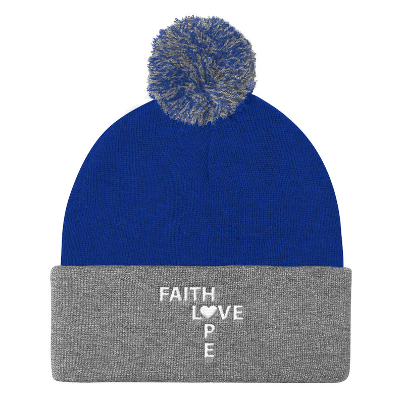 Faith Love and Hope Pom Pom Knit Cap