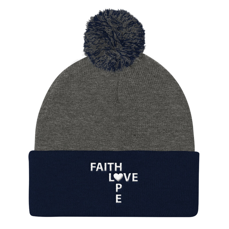 Faith Love and Hope Pom Pom Knit Cap