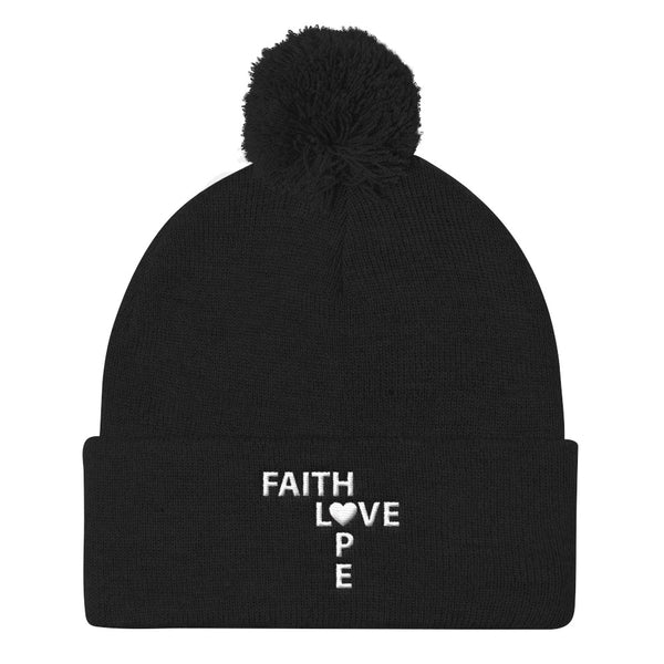 Faith Love and Hope Pom Pom Knit Cap