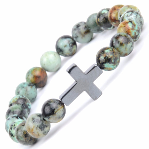 Christian Bracelets / Bangles For Women Natural Stone Africa Turquoises Beads Bracelet with Cross Charm