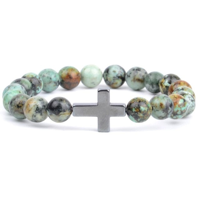 Christian Bracelets / Bangles For Women Natural Stone Africa Turquoises Beads Bracelet with Cross Charm