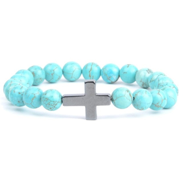 Christian Bracelets / Bangles For Women Natural Stone Africa Turquoises Beads Bracelet with Cross Charm